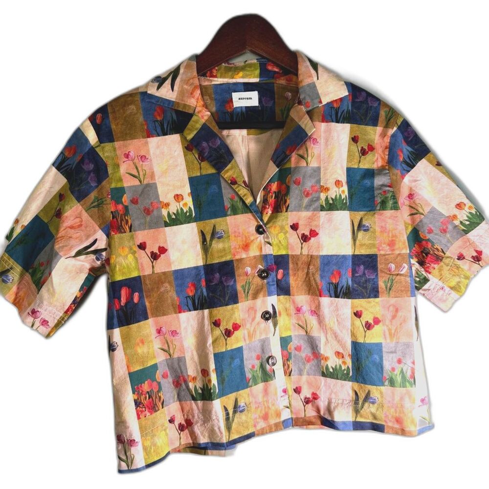 Aureum Medium Floral Patchwork Print SS Cotton Camp Top Boho Retro Art to Wear